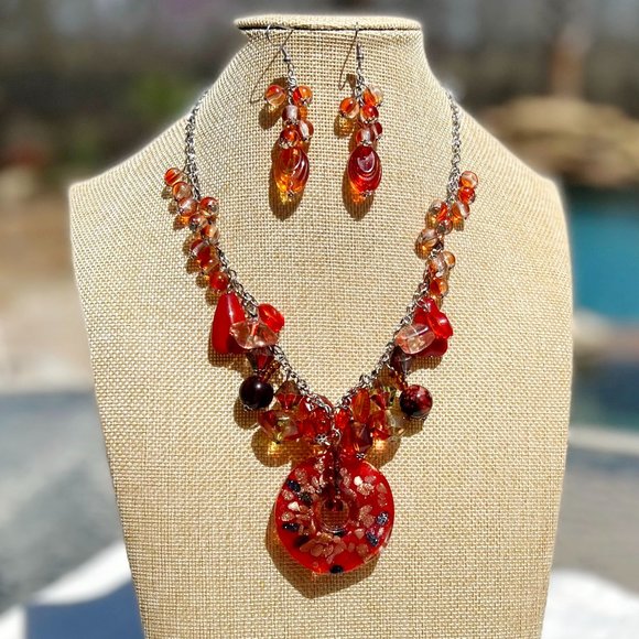 Necklace Dangle Earrings Set Artisan Handmade Painted Blown Glass Silver Tone - Picture 1 of 5